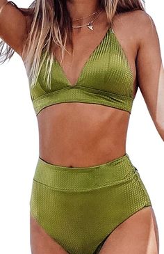 Nwt. Cupshe High Waisted Bikini With Adjustable Straps And Removable Padding. Lime Swimwear, High Neck Tankini Top, High Neck Tankini, Long Sleeve Swimwear, Best Swimsuits, Vintage Swimsuits, Swimsuits High Waisted, Swimsuit Set, High Waist Bottoms