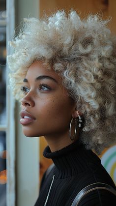 24 Must-Try Hair Colors for Afro-Textured Hair This Year | Lookosm Platinum Afro Hair, Blonde Curly Natural Hair, Platinum Blonde Hair Locs, Platinum Blonde 4c Hair, Platinum Blonde Afro, Short Blonde Hair Black Women, Blonde Curly Hair Black Women, Afro Ideas