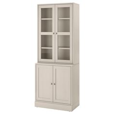 a white cabinet with glass doors and shelves on the front, against a white background