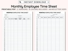 the printable employee time sheet is shown in two different colors and sizes, including one with