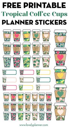 printable tropical coffee cups planner stickers with the words, free printable tropical coffee cups planner stickers