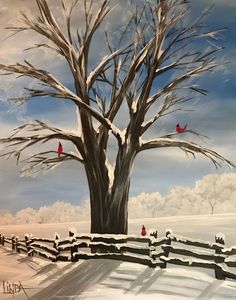 a painting of a tree in the snow with birds perched on it's branches