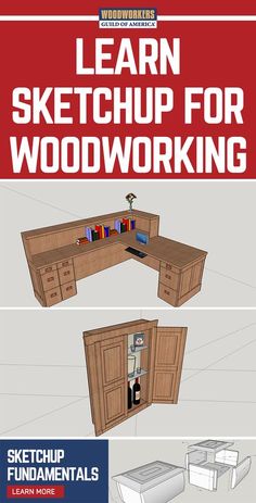 the book cover for learn sketchup for woodworking