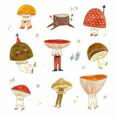 an illustration of various mushrooms and people