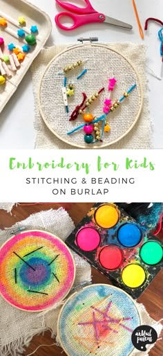 embroidery for kids stitching and beading on burlap with text overlay