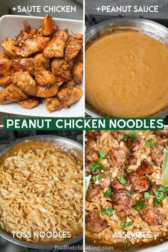 four different types of chicken noodles are shown in this collage with the words,