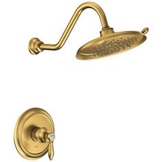 a gold shower faucet with thermostaer and hand shower head