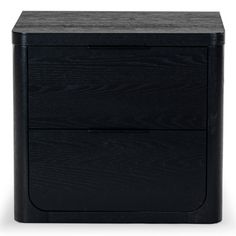 a black nightstand with two drawers on the bottom and one drawer open, in front of a white background