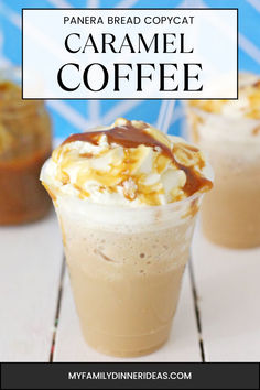 two cups filled with caramel coffee and topped with whipped cream