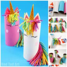 several pictures of unicorns made out of toilet paper and toothpaste tube holders