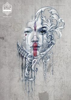 a drawing of a woman's face with an artistic design on the wall behind it