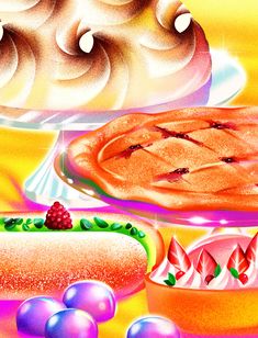 three different cakes and desserts are shown in this painting, one is pink the other is orange