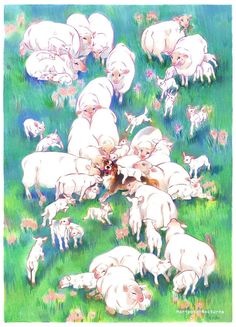 a painting of sheep and lambs in a grassy field with flowers on the ground