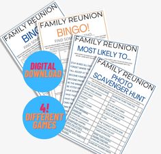 four different family reunion game cards with the words'4 different games'on them