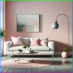 a living room with pink walls and white furniture