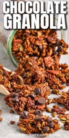 chocolate granola on a wooden spoon with text overlay that reads chocolate granola