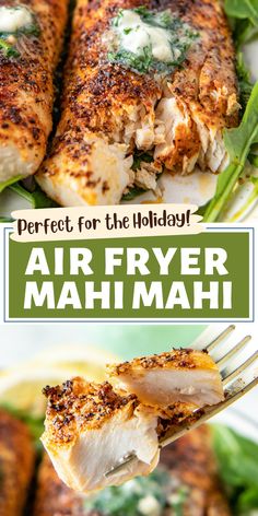 air fryer mahi mahi on a plate with spinach