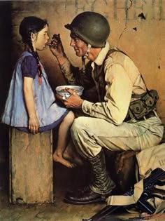 size: 12x9in Giclee Print: The American Way (or Soldier Feeding Girl) by Norman Rockwell : Entertainment Norman Rockwell (1894 - 1978), one of America’s most beloved artists, left a timeless legacy of nostalgic, endearing, whimsical paintings that appealingly and insightfully depict simple, and often idyllic, scenes from daily life. After illustrating a series of children’s books at age 16, Rockwell was hired to be the art director of "Boys’ Life," the official publication of the Boy Scouts of A Harry Anderson, Norman Rockwell Art, Rockwell Paintings, Court Of Honor, Norman Rockwell Paintings, The Saturday Evening Post, Vintage Boy, Saturday Evening Post, Eagle Scout