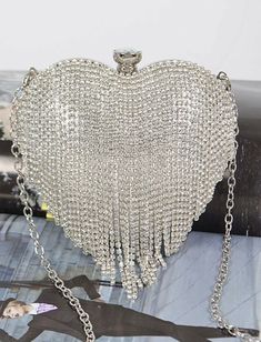 Diamond Bag, Formal Bag, Prom Purse, Heart Clutch, Glitter Purse, Fringe Clutch, Heart Shaped Bag, Rhinestone Fringe, Rhinestone Clutch