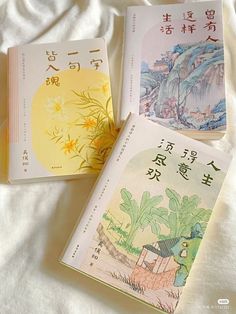 two children's books with chinese writing on them sitting on top of a bed