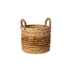 a round basket with handles made out of straw