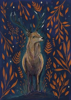 a painting of a deer surrounded by plants and leaves on a dark blue background with stars in the sky