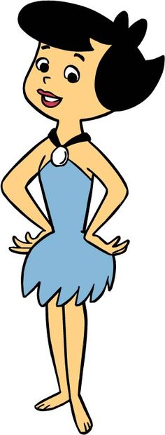 a cartoon girl in a blue dress with her hands on her hips