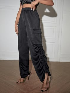 Satin Pants Outfit Casual, High-waisted Drawstring Cargo Pants For Streetwear, Satin Cargo Pants, Streetwear Wide-leg Pants With Drawstring, Wide-leg Drawstring Cargo Pants For Streetwear, Satin Cargo Pants Black, Wide-leg Parachute Pants With Drawstring For Streetwear, Satin Pants Outfit, 2piece Outfits