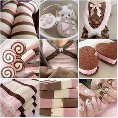 there are many different pictures of pink and brown items in this collage, including teddy bears