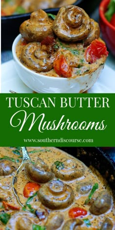 a bowl of mushroom soup with tomatoes and mushrooms in it, on top of a white plate