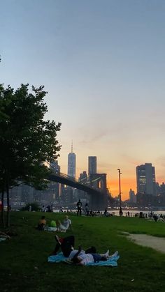 people are laying on the grass in front of a body of water and tall buildings