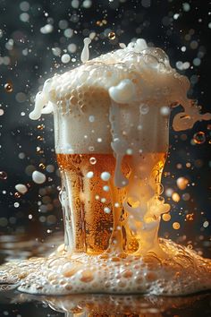 a glass filled with liquid on top of a table next to a pile of bubbles