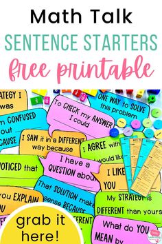 a pile of colorful speech bubbles with the words, math talk sentence starter free printable