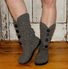 Crochet Boots Pattern-------GRAY BUTTON BOOTS----Street Shoes or Slippers---Newborn through Adult Si Crochet Flip Flop, Crochet Boots Pattern, Cowboy Crochet, Fall Socks, Boots Pattern, Button Boots, Crochet Shoes Pattern, Flip Flop Boots, Crochet Boots