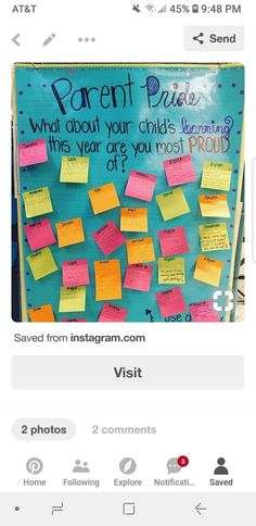 a bulletin board with post - it notes on it and the words parent pleases