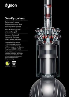 an advertisement for the dyson vacuum is shown in black and white with red accents