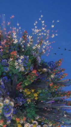 an abstract painting of flowers and birds flying in the sky above them, with blue skies