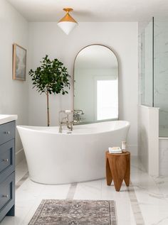 a large white bath tub sitting in a bathroom next to a sink and mirror with a potted plant on it