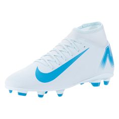 the nike superfly fg soccer cleat is white and blue with a metallic logo