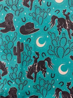 a blue background with black and white images of horses, cacti, and cowboy hats