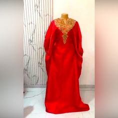 One Size Fit All Luxury Embellished Red Dresses, Embellished Red Maxi Dress, Red V-neck Free Size Kaftan, Red Long Free-size Kaftan, Red Flowy V-neck Kaftan, Fitted Red Maxi-length Kaftan, Red Embellished Floor-length Kaftan, Red Evening Dress, One Size Fits All