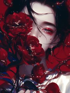 a woman with red makeup and flowers in her hair is surrounded by water droplets on her face