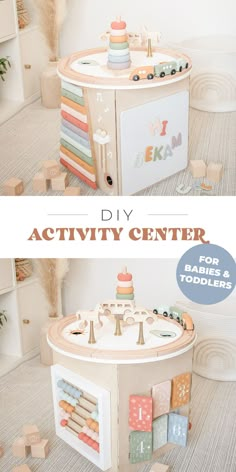 the diy activity center for babies and toddlers is made out of wood blocks