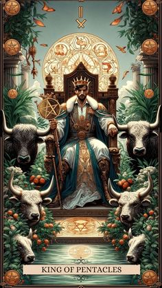 a man sitting on top of a throne surrounded by bulls and other animal's