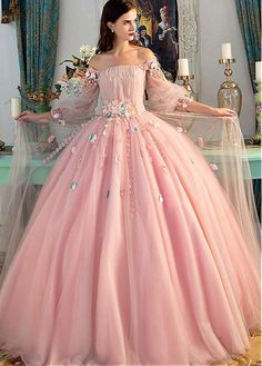 Bridesfamily Enchanting Tulle Off-the-shoulder Neckline Long Sleeves Ball Gown Prom Dress With 3D Flowers & Beadings Fairytale Dress Prom, Fairy Prom Dress, Blush Prom Dress, Pink Ball Gown, 파티 드레스, Ball Gowns Evening, A Line Prom Dresses, Pink Prom Dresses