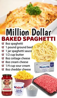 a poster with different types of food and instructions for making baked spaghetti in the oven