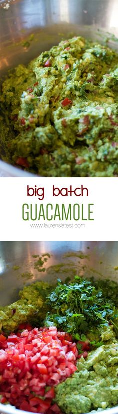 two pictures of guacamole in a pan with the words, big batch guacamole