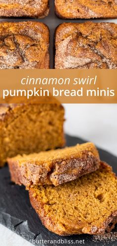 cinnamon swirl pumpkin bread is cut into slices and placed on a black platter with text overlay