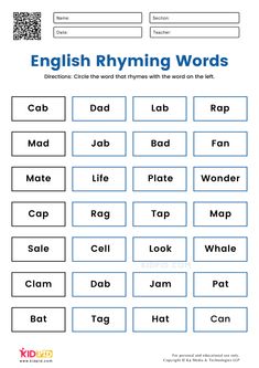 english rhyming words worksheet with pictures on the front and back side