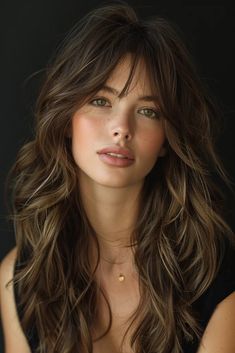 Curtain Bangs In Long Hair, Curtain Bangs For Long Wavy Hair, Long Wavy Hair Layered Haircut, Curtain Bang Wedding Hair, Curling Hair With Bangs, Long Layered Haircut With Curtain Bangs, Brunette Curtain Bangs Long Hair, Long Brown Hair Curtain Bangs, Layered Hair Fringe